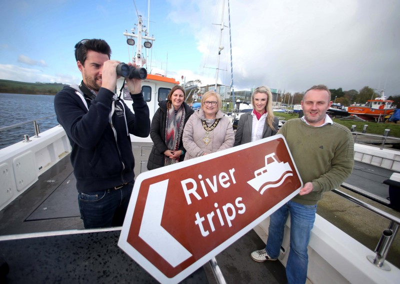 Getting ready to set sail for a Birds on the Bann river trip, which can now be booked through Causeway Coast and Glens Borough Council's Visitor Information Centre network, are Causeway Lass skipper Richard Connor, VIC staff member Alison Walker, the Mayor of Causeway Coast and Glens Borough Council Councillor Brenda Chivers and Sarah Rocks and Richard Donaghey from Causeway Coast and Glens Heritage Trust.