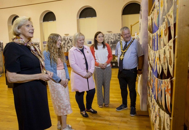 Looking at the bunting display in Coleraine Town Hall are Lord Lieutenant of County Londonderry Mrs Alison Millar, Museums Officer Jamie Austin, Alderman Michelle Knight McQuillan (Chair of Council’s Jubilee Working Group), Museum Services Officer Rachel Archibald and the Mayor of Causeway Coast and Glens Borough Council Councillor Ivor Wallace.