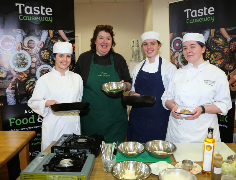 Chef Paula McIntyre MBE pictured with NRC catering students Hannah Anderson, Ruth Gillen and Amy Mullan at the Brilliant Breakfast workshop.