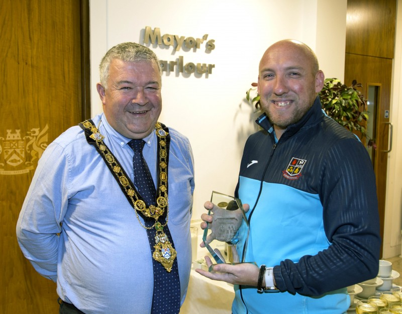 The Mayor of Causeway Coast and Glens Borough Council, Councillor Ivor Wallace, pictured with Mervyn Greer, Bushmills United Youths Secretary.