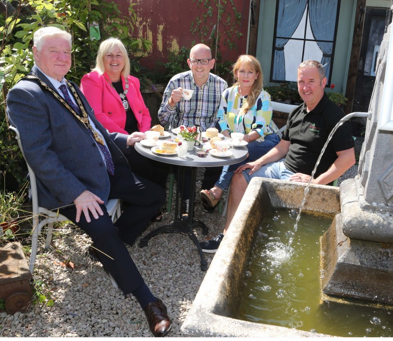 Mayor of Causeway Coast and Glens, Councillor Steven Callaghan, Deputy Mayor, Councillor Margaret-Anne McKillop, Ballycastle Community Hub manager, Dessie Smyth, chair Katie Morgan and Michael Magee from Ballycastle Garden Centre.