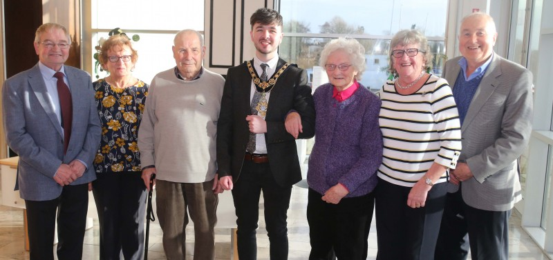 The Mayor of Causeway Coast and Glens Borough Council Councillor Sean Bateson, who hosted a special reception in honour of Castlerock Wednesday Club is pictured with (L-R) William Callaghan who celebrated his 80th birthday on the day, Maureen Callaghan, John Nesbitt and Doreen Lucas who are two of the group’s oldest residents along with Chairperson Jean Caulfield MBE and her husband Owen.