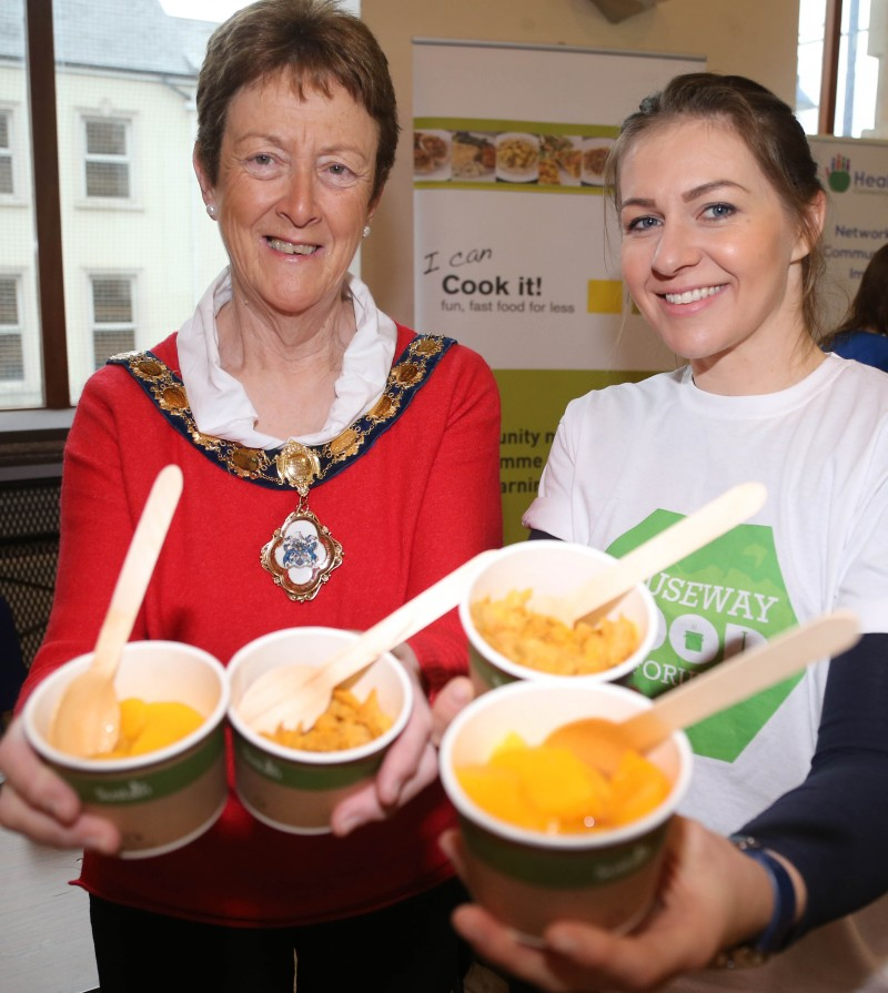The Mayor of Causeway Coast and Glens Borough Council, Councillor Joan Baird OBE, pictured with Paula Marshall, a dietician from Cook it at the event in Coleraine Town Hall.
