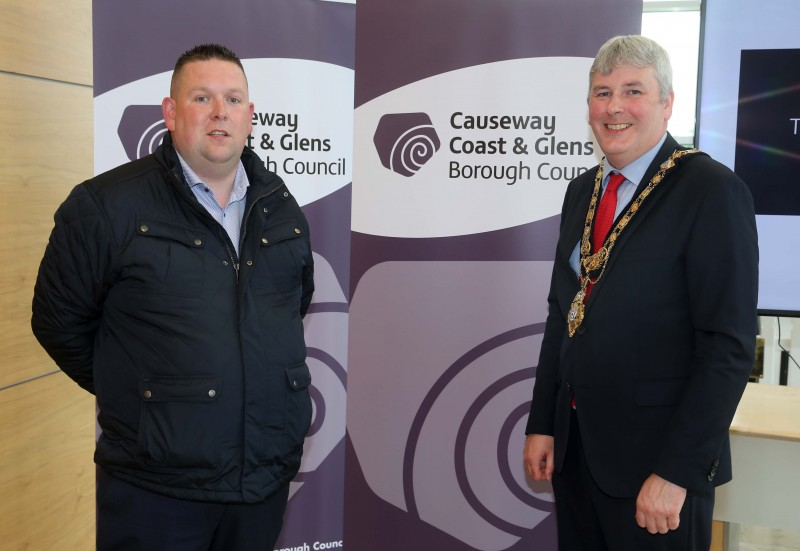 Mayor of Causeway Coast and Glens Borough Council, Councillor Richard Holmes with recipient of this year’s Enterprise Fund, Adrian Mullan from Customised Prints and Embroidery, Ballykelly.
