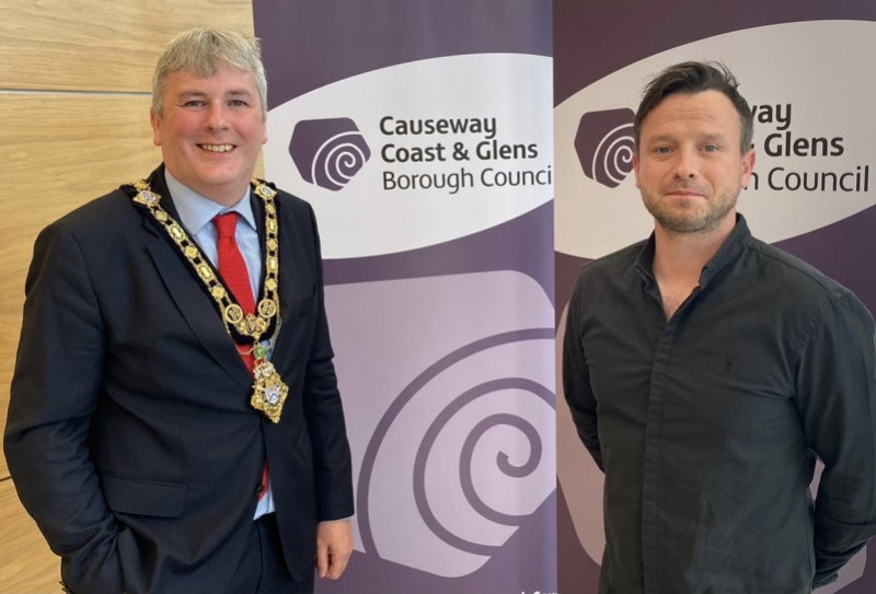 Mayor of Causeway Coast and Glens Borough Council, Councillor Richard Holmes with recipient of this year’s Enterprise Fund, Neil McGavock of Powered EVNI, Portstewart.