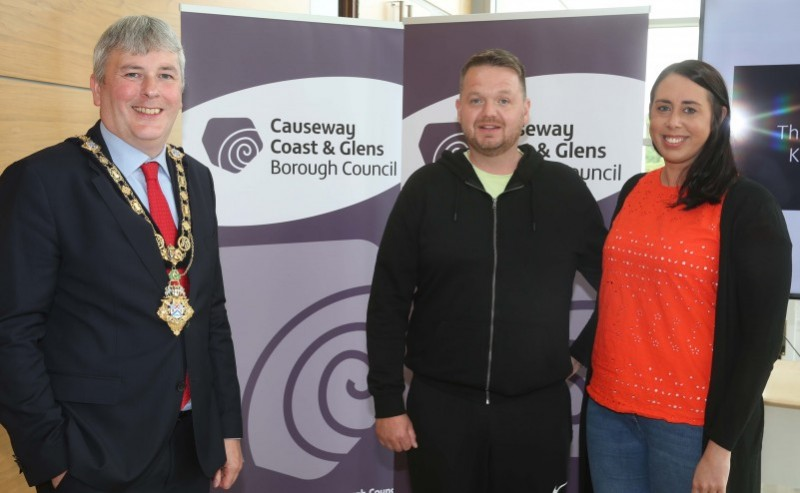 Mayor of Causeway Coast and Glens Borough Council, Councillor Richard Holmes with recipients of this year’s Enterprise Fund William and Emily Davidson of Steel Yard Café, Ballymoney.