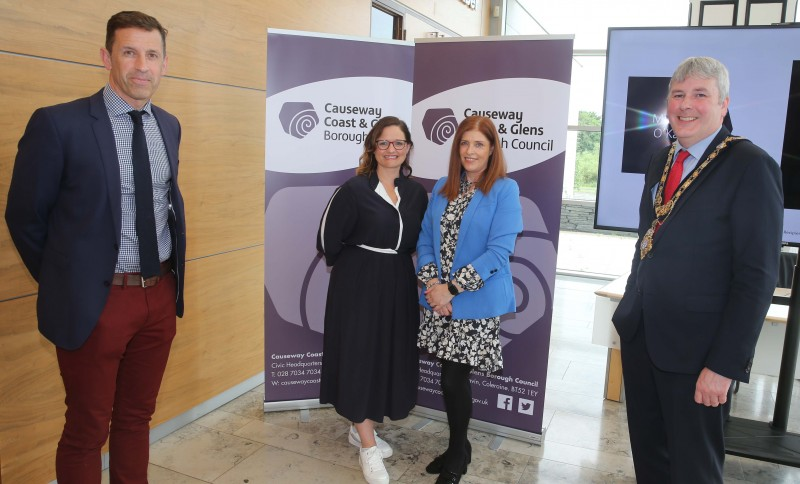 Mayor of Causeway Coast and Glens Borough Council, Councillor Richard Holmes and Council’s Director of Leisure and Development with recipients of this year’s Enterprise Fund Maria McLaughlin and Roisin Mateer of Admin Answers NI, Kilrea.
