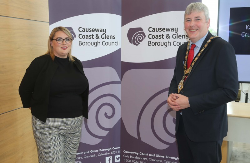 Mayor of Causeway Coast and Glens Borough Council, Councillor Richard Holmes with recipient of this year’s Enterprise Fund, Elisha McGill from OBG Fabrications Ltd, Coleraine.