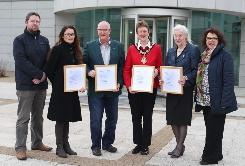 The Mayor of Causeway Coast and Glens Borough Council Councillor Joan Baird OBE pictured with Marsh Award winners Alastair Harper, Betty McNerlin and Nina McNeary along with Helen Perry and Nic Wright from Causeway Coast and Glens Borough Council’s Museums Service.