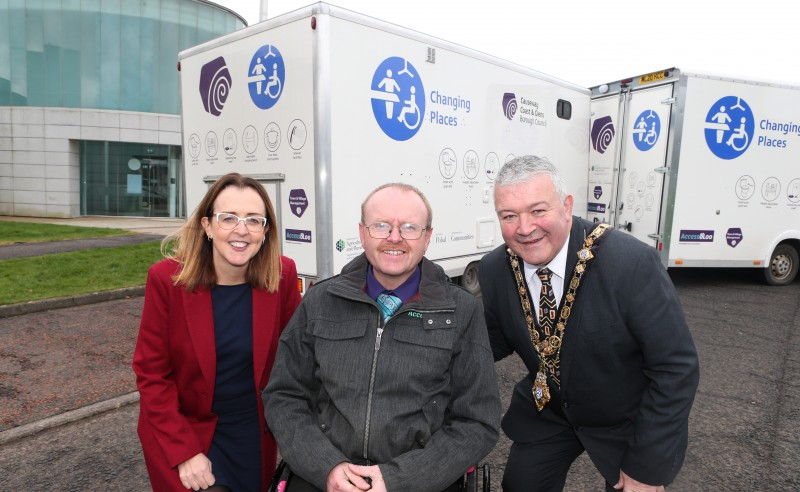 Pictured at Cloonavin with Causeway Coast and Glens Borough Council’s new Mobile Accessible Changing Units are Diversity Champion, Councillor Cara McShane, the Mayor, Councillor Ivor Wallace, and Michael Holden (AccessoLoo Director).