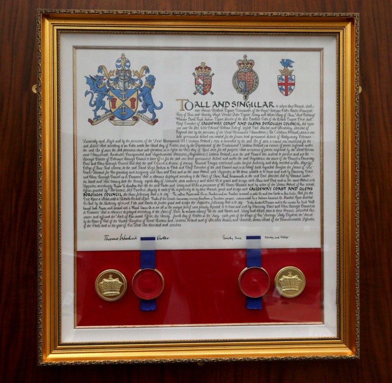 The framed Letters Patent is now on display in the Council Chamber in Cloonavin