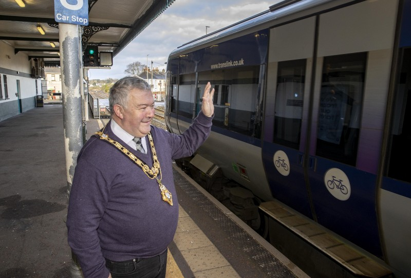The Mayor of Causeway Coast and Glens Borough Council, Councillor Ivor Wallace, pictured at Coleraine train station as the pilot Chatty Carriages initiative departs on its first journey. The event aimed to help those who may be isolated to feel more confident at using services, as well as building friendships and community connections.