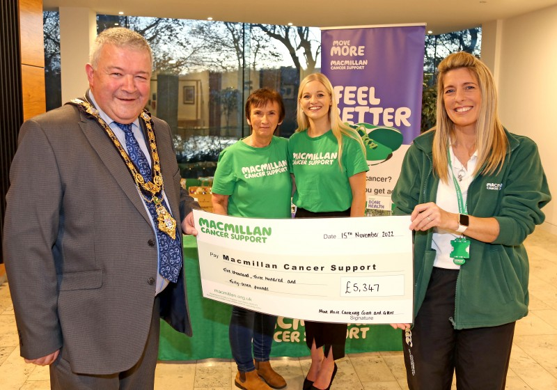 The Mayor of Causeway Coast and Glens Borough Council, Councillor Ivor Wallace and Macmillan Move More Co-ordinator, Catherine King, pictured with Macmillan Move More participant Margaret Brown and Jodie McAneaney, Macmillan Relationship Fundraising Manager.