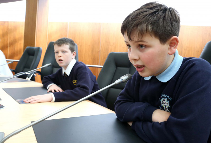 Zach Hughes, a pupil at St Joseph’s Primary School in Dunloy and Leo Collins from Limavady Central Primary School pictured during the mock debate held in the Council Chamber in Cloonavin.