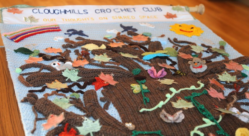 The crochet hanging wall display created by Cloughmills Crochet Group.