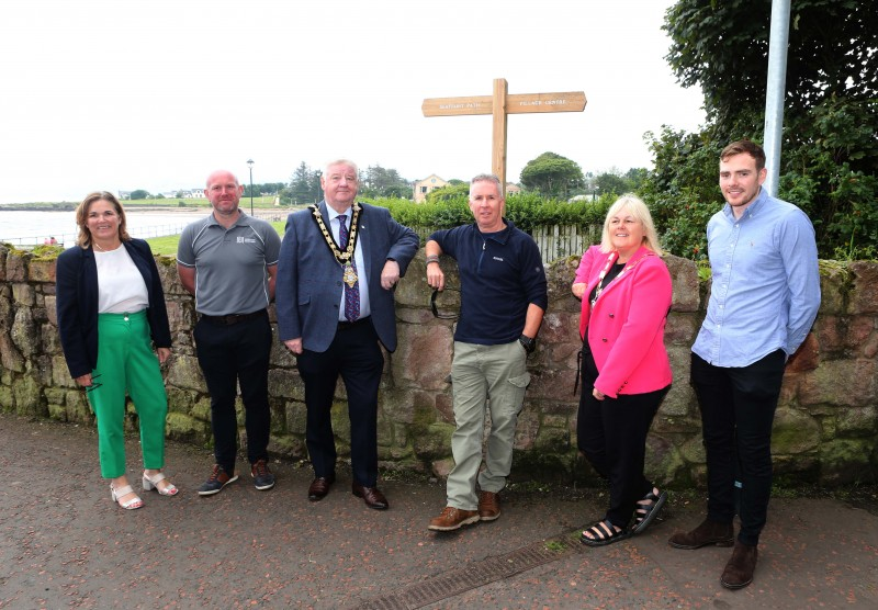 (L/R) - Julienne Elliott, Project Sponsor; Paul O’Hagan, Surfacing Manager representing John McQuillan Contracts; Mayor, Councillor Steven Callaghan; Michael McConaghy, Coast and Countryside Team; Deputy Mayor, Councillor Margaret-Anne McKillop and Jake Mailey, Capital Projects Officer.