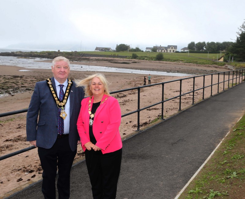 Mayor of Causeway Coast and Glens, Councillor Steven Callaghan and Deputy Mayor, Councillor Margaret-Anne McKillop at the newly upgraded coastal path in Cushendall.