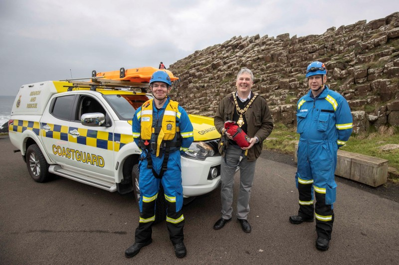 Alex Curran and Stuart Leslie from Coleraine Coastguard pictured with the Mayor of Causeway Coast and Glens Borough Council Councillor Richard Holmes at the Giant’s Causeway on Saturday 15th January as the organisation celebrates its 200th anniversary.