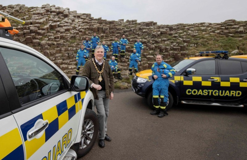 The Mayor of Causeway Coast and Glens Borough Council Councillor Richard Holmes meets with representatives from Coleraine Coastguard at the Gian’ts Causeway as the organisation celebrates its 200th anniversary.
