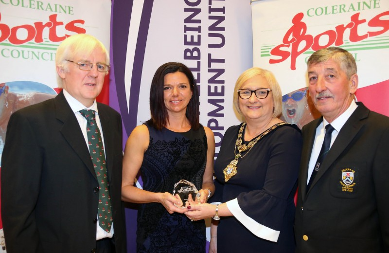Sonia Knox receives the Sportswoman of the Year award from the Mayor of Causeway Coast and Glens Borough Council Councillor Brenda Chivers with Robert McVeigh from Northern Ireland Commonwealth Games Council and John Church, Chair Coleraine Sports Council in recognition of her duathlon and triathlon successes.