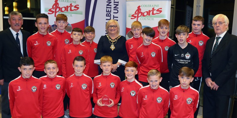 Representatives of Bertie Peacock Youths Under 14 squad, winners of the Junior Sports Team, pictured with the Mayor of Causeway Coast and Glens Borough Council Councillor Brenda Chivers, John Church, Chair Coleraine Sports Council and Robert McVeigh from Northern Ireland Commonwealth Games Council.