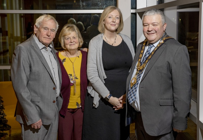 David Martin, Vice-Chair of Community Advice Causeway, Margaret Gordon, Chair of Community Advice Causeway, Samantha Boswell, Chief Officer Community Advice Causeway, pictured alongside the Mayor of Causeway Coast and Glens Borough Council, Councillor Ivor Wallace, at a reception in Cloonavin to mark their 50th anniversary.