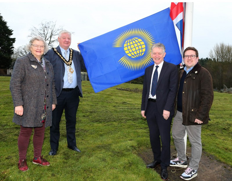 The Mayor, Councillor Steven Callaghan alongside Alderman Yvonne Boyle, Ald Mark Fielding and Ald Aaron Callan at the flag-raising ceremony to commemorate Commonwealth Day 2024.