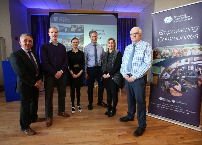 Councillor William McCandless representing Causeway Coast and Glens Borough Council, Paul Braithwaite Building Change Trust, Naomi McMullan (Compere), Professor Duncan Morrow Ulster University, Clare McGee from Innovate NI and Malcolm Beattie Department of Finance Innovation Lab