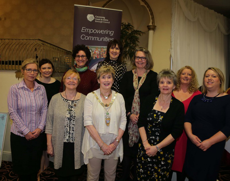Pictured at the Community Centre Conference are: back row l-r: Adele McCloskey, Causeway Coast and Glens Borough Council, Ana Porroche–Escudero, University of Lancaster, Caroline Lynch, Learmount Community Development Association, Joanne McDowell, Big Lottery Fund, Joanne Kinnear, compere. Front row l-r: Julie Welsh, Causeway Coast and Glens Borough Council, Eilish Rooney, Ulster University, Mayor of Causeway Coast and Glens Borough Council, Maura Hickey, Deborah Clarke, Action with Communities in Rural England, Louise Scullion, Causeway Coast and Glens Borough Council.