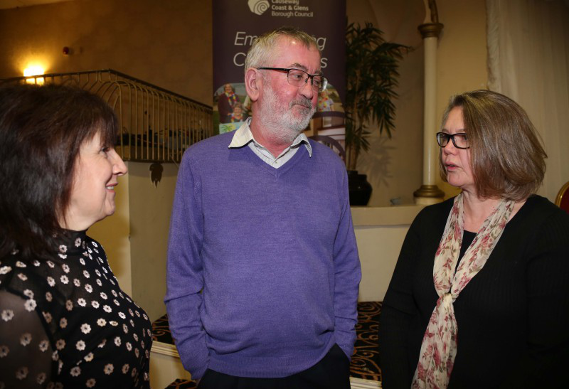 Jack O’Connor from Department for Communities chats with Caroline Lynch, Learmount Community Development Association and Joanne McDowell, Big Lottery Fund.