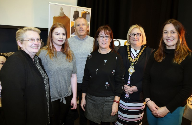 The Mayor of Causeway Coast and Glens Borough Council, Councillor Brenda Chivers pictured with (left to right) Siobhan Scally, Assistant Visitor Servicing Officer, Causeway Coast and Glens Borough Council, Shauna Mc Fall, Naturally North Coast and Glens Market, Martin Clark, Business Development Manager, Causeway Coast and Glens Borough Council, Catrina McNeill, Project Officer, Town & Village Management, Causeway Coast and Glens Borough Council and  Zoe Bratton Tourism Product Development Officer, Causeway Coast and Glens Borough Council pictured at the ‘Crafters Showcase’ at Flowerfield Arts Centre.