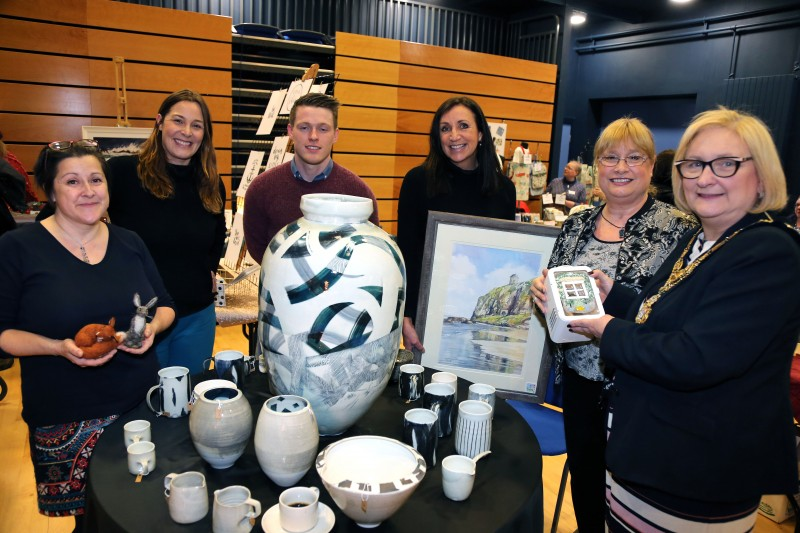 The Mayor of Causeway Coast and Glens Borough Council, Councillor Brenda Chivers pictured at the ‘Crafters Showcase’ at Flowerfield Arts Centre with Woolly Wild Folk, Zoe Bratton, Tourism Product Development Officer, Causeway Coast and Glens Borough Council, Jack McGonigle Ceramics, artist Alison McKnight and Tonia Kennedy from Fused Glass Products.