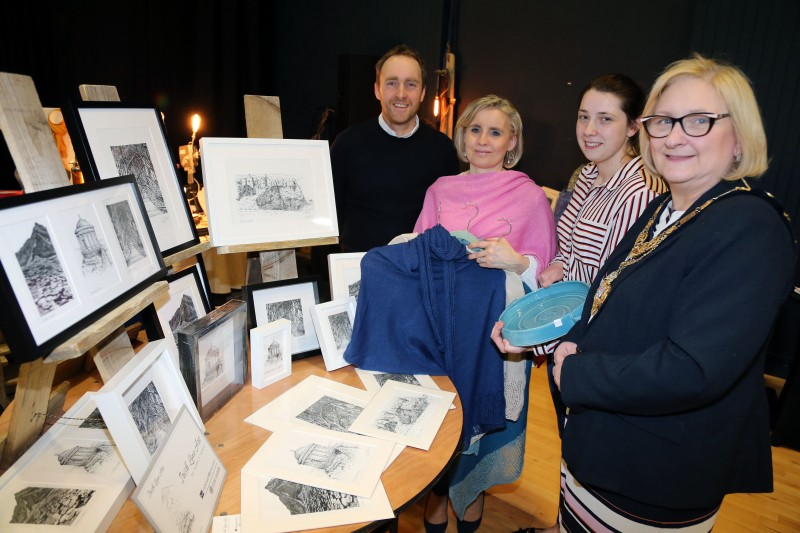 The Mayor of Causeway Coast and Glens Borough Council, Councillor Brenda Chivers pictured at the ‘Crafters Showcase’ at Flowerfield Arts Centre with Irish Line Art, Walsh Irish Knitwear and Fiona Shannon Ceramics.