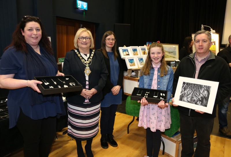 The Mayor of Causeway Coast and Glens Borough Council, Councillor Brenda Chivers pictured at the ‘Crafters Showcase’ at Flowerfield Arts Centre pictured with Atlantic Design Studio and Eoin Mc Connell Photography.