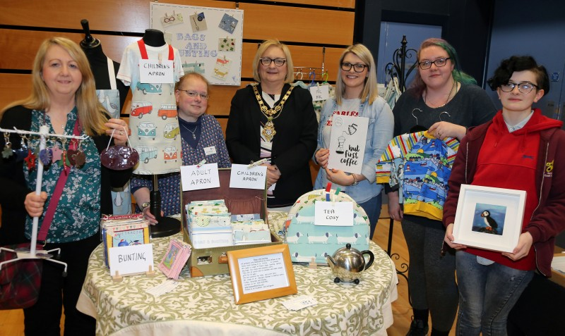 The Mayor of Causeway Coast and Glens Borough Council, Councillor Brenda Chivers pictured at the ‘Crafters Showcase’ at Flowerfield Arts Centre with representatives from AMC Ceramics, Bags and Bunting, City and Shore and Hannah’s Artisan Craft shop.