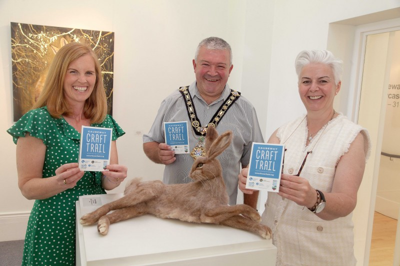 If you want to explore the area’s makers and crafters, the Causeway Craft Trail map is now available. Pictured are Kerrie McGonigle (Destination Manager), the Mayor of Causeway Coast and Glens Borough Council, Councillor Ivor Wallace and Shauna McNeilly, Arts and Cultural Facilities Officer.