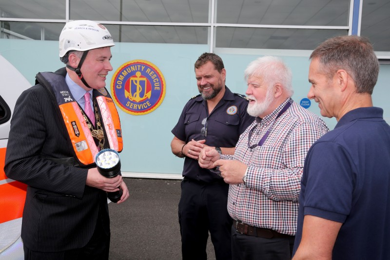The Mayor of Causeway Coast and Glens Borough Council Councillor Richard Holmes tried out some of the equipment used by the Community Rescue Service as he meets with Barry Torrens, District Commander, Gregg Smyth, assistant Unit Commander and Sean McCarry, Regional Commander.