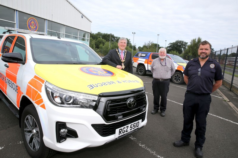 The Mayor of Causeway Coast and Glens Borough Council Councillor Richard Holmes pictured during his visit to the Community Rescue Service in Coleraine with Sean McCarry, Regional Commander and Gregg Smyth, assistant Unit Commander.
