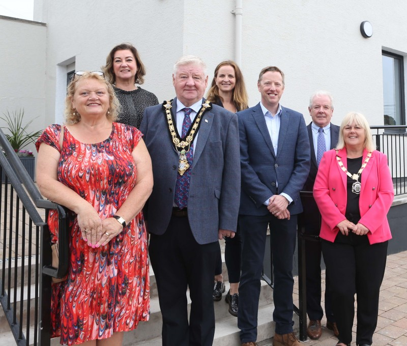Bernie Delargy, Chair of Cushendall Development Group; Sharron Russell, Director, Department for Communities; Mayor of Causeway Coast and Glens, Councillor Steven Callaghan; Christine Robinson and Stephen Finlay, Department for Levelling Up; Liam O’Hagan, Director, Grow the Glens; and Deputy Mayor, Councillor Margaret-Anne McKillop.