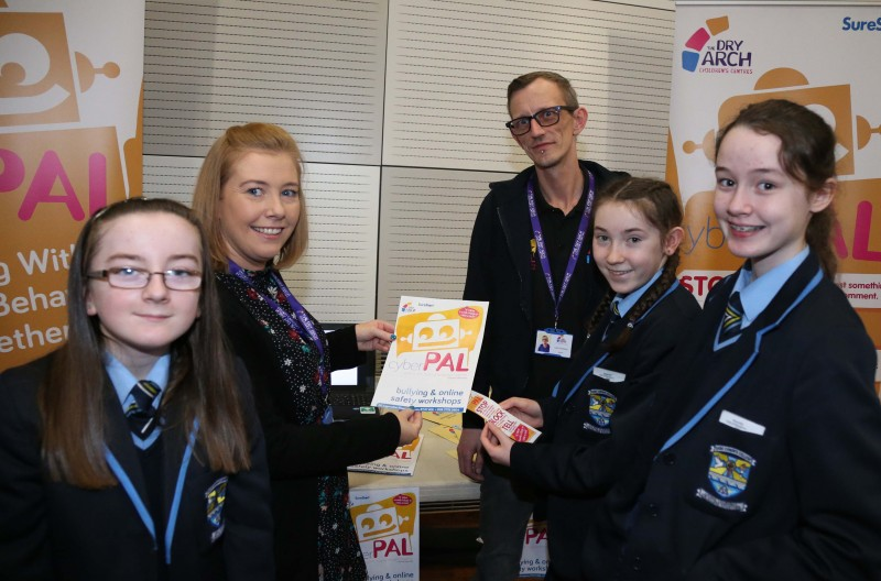 Pupils from St Conor’s College in Kilrea pictured with Donna O’Kane and Colm O’Doherty at the Don’t Worry Be #appy’ Internet Resilience and Safety’ conference organised by Causeway Coast and Glens Policing and Community Safety Partnership.