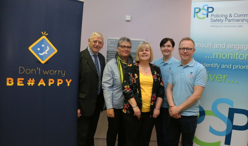 Alderman William King, Anne McNickle, PCSP Chair Councillor Margaret Anne McKillop, Deidre Bradley and PCSP Manager Jonny Donaghy pictured at the ‘Don’t Worry Be #appy’ Internet Resilience and Safety’ conference organised by Causeway Coast and Glens Policing and Safety Partnership.