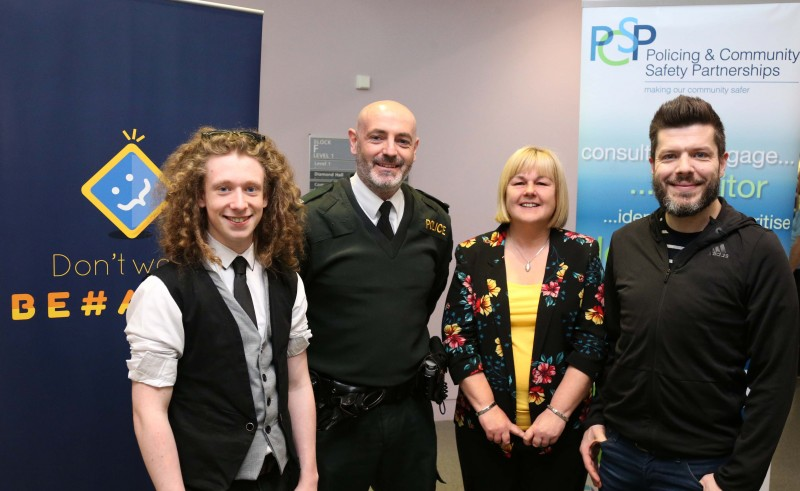 Causeway Coast and Glens Policing and Community Safety Partnership Chairperson Margaret Anne McKillop pictured with some of the guest speakers at the ‘Don’t Worry Be #appy’ Internet Resilience and Safety’ conference Constable John O'Connor, You Tuber Adam McCallion (AKA Izonhowe) and online safety expert Wayne Denner.