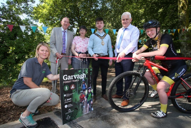 The Mayor of Causeway Coast and Glens Borough Council Councillor Sean Bateson pictured with Helen Lorimer, Ulster Wildlife Trust, George Lucas, Chair of Sport NI, Sandra Moody, Garvagh Forest Strollers, John Joe O’Boyle, Chief Executive of the Forest Service and Erin Creighton, Irish Champion Mountain Biker at the recent launch of the Garvagh Forest Trails Project