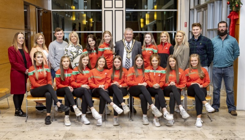 The Mayor of Causeway Coast and Glens Borough Council, Councillor Ivor Wallace, pictured with representatives of Loughgiel School of Irish Dance at a recent reception in Cloonavin. Also pictured is Councillor Cara McShane.