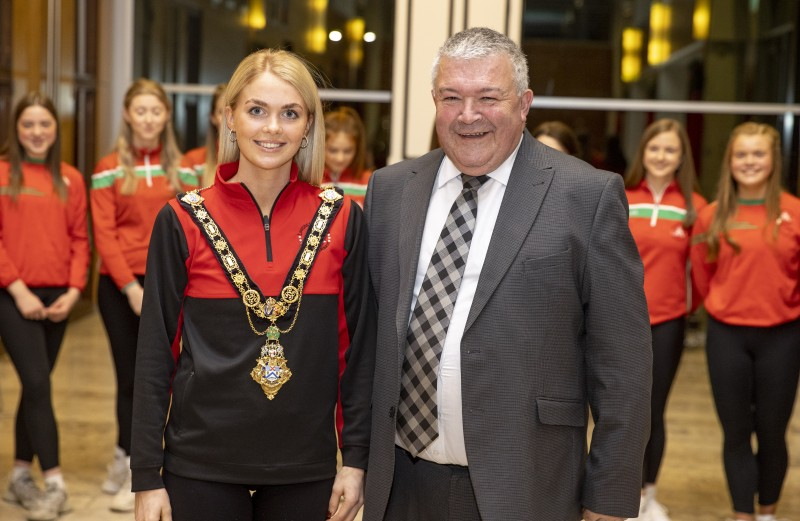 Caitrin Dobbin, Ulster Solo Champion, pictured with Mayor of Causeway Coast and Glens Borough Council, Councillor Ivor Wallace, at Cloonavin.