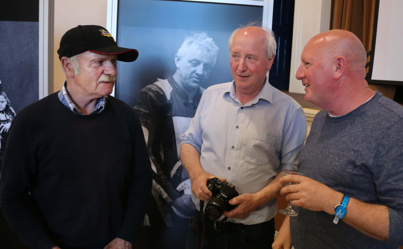Stephen Davison pictured with Eddie McLean and Gerry Burns at the opening of the BBC Northern Ireland Road Racing People exhibition in Ballymoney Town Hall.