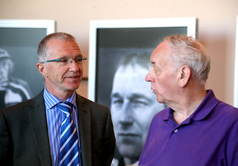 Mac Pollock pictured with Bryan Edgar from Causeway Coast and Glens Borough Council at the opening of the BBC Northern Ireland Road Racing People exhibition in Ballymoney Town Hall.