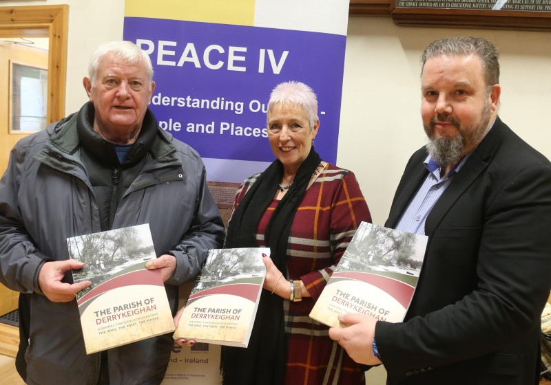 Frank McLernon, Dervock & District Community Association, Joanne Honeyford, Causeway Coast and Glens Borough Council’s Museum Services, and Frankie Cunningham, Dervock & District Community Association pictured at the recent launch of the new book ‘The Parish of Derrykeighan – A Rammel Through North Antrim: the who, the what, the where’.
