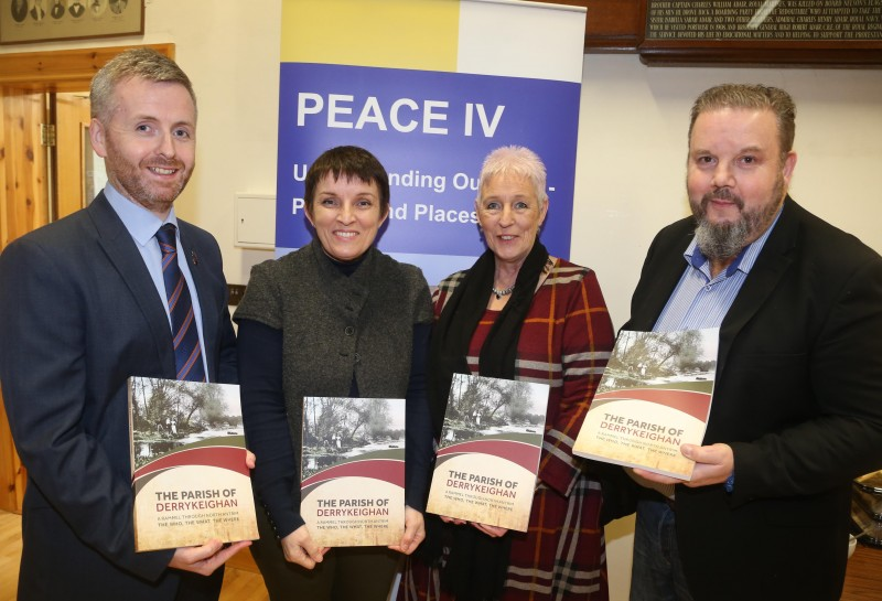Councillor John McAuley, PEACE IV Partnership, Suzanne Fol, Peace IV Understanding Our Area programme, Joanne Honeyford, Causeway Coast and Glens Borough Council’s Museum Services and Frankie Cunningham, Dervock & District Community Association pictured at the recent launch of the new book ‘The Parish of Derrykeighan – A Rammel Through North Antrim: the who, the what, the where’.