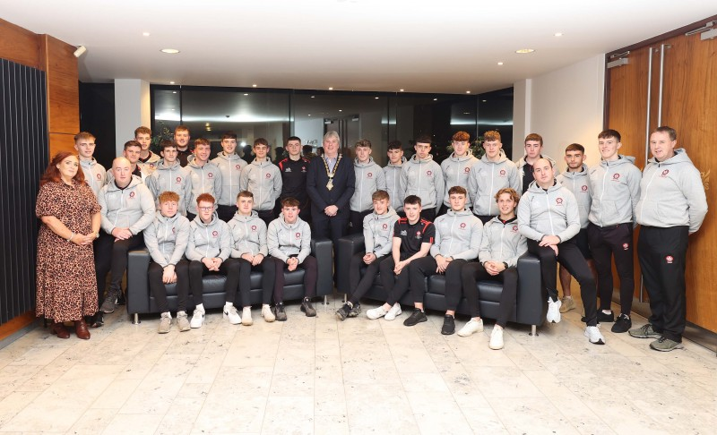 The All-Ireland winning Derry Minor Football team pictured at Cloonavin with the Mayor of Causeway Coast and Glens Borough Council Councillor Richard Holmes. Also included is Councillor Ashleen Schenning.